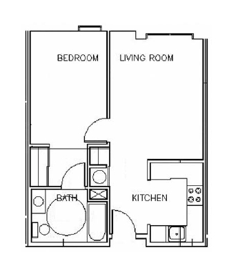 A floor plan of a small apartment with a bedroom, living room, kitchen, and bathroom.